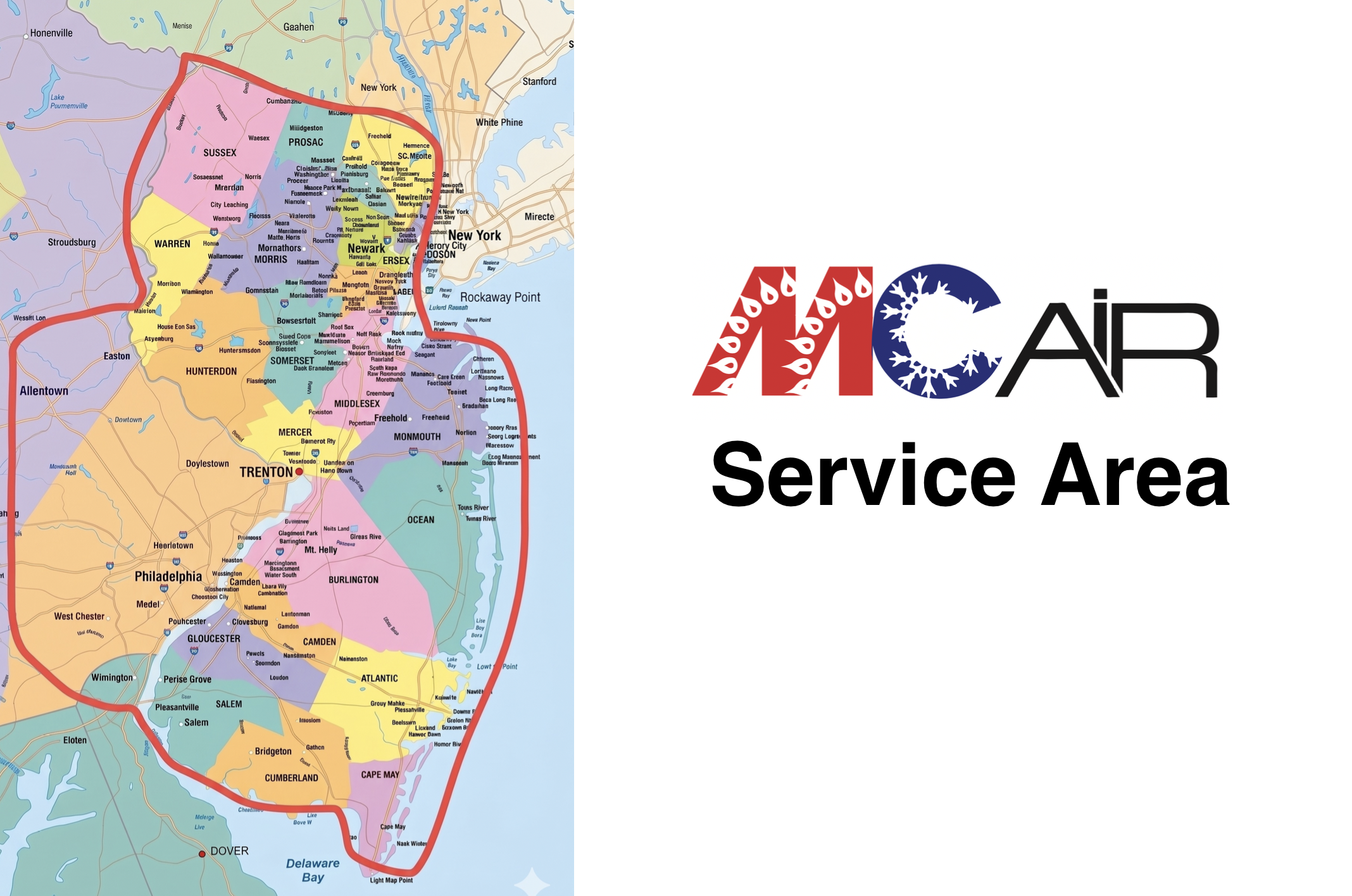 MC Air service area map — New Jersey and Philadelphia region
